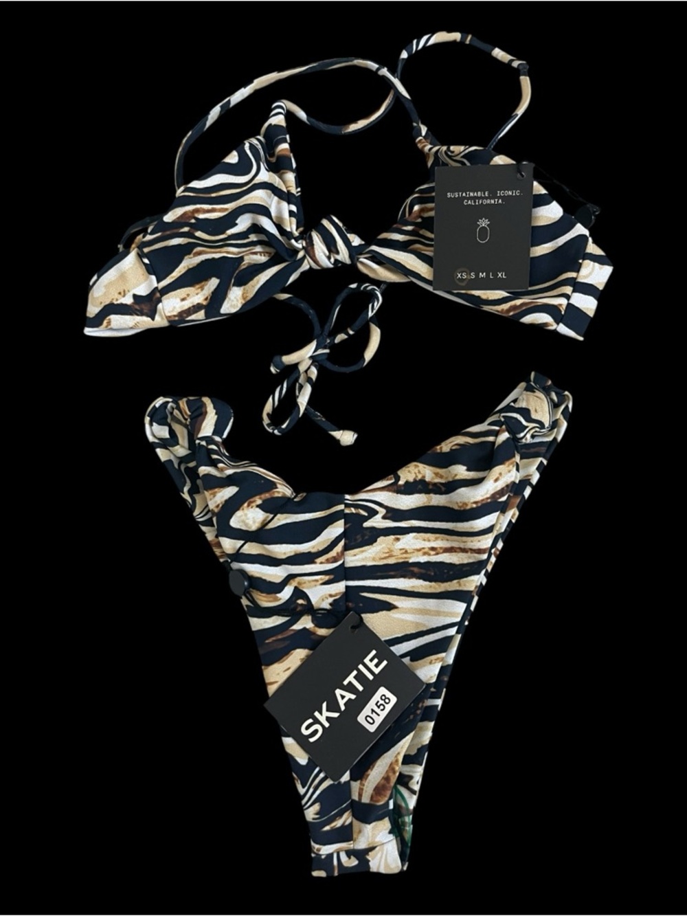 SKATIE NWT Sarah Top & Suzanne Bottom XS Marble Zebra Bikini